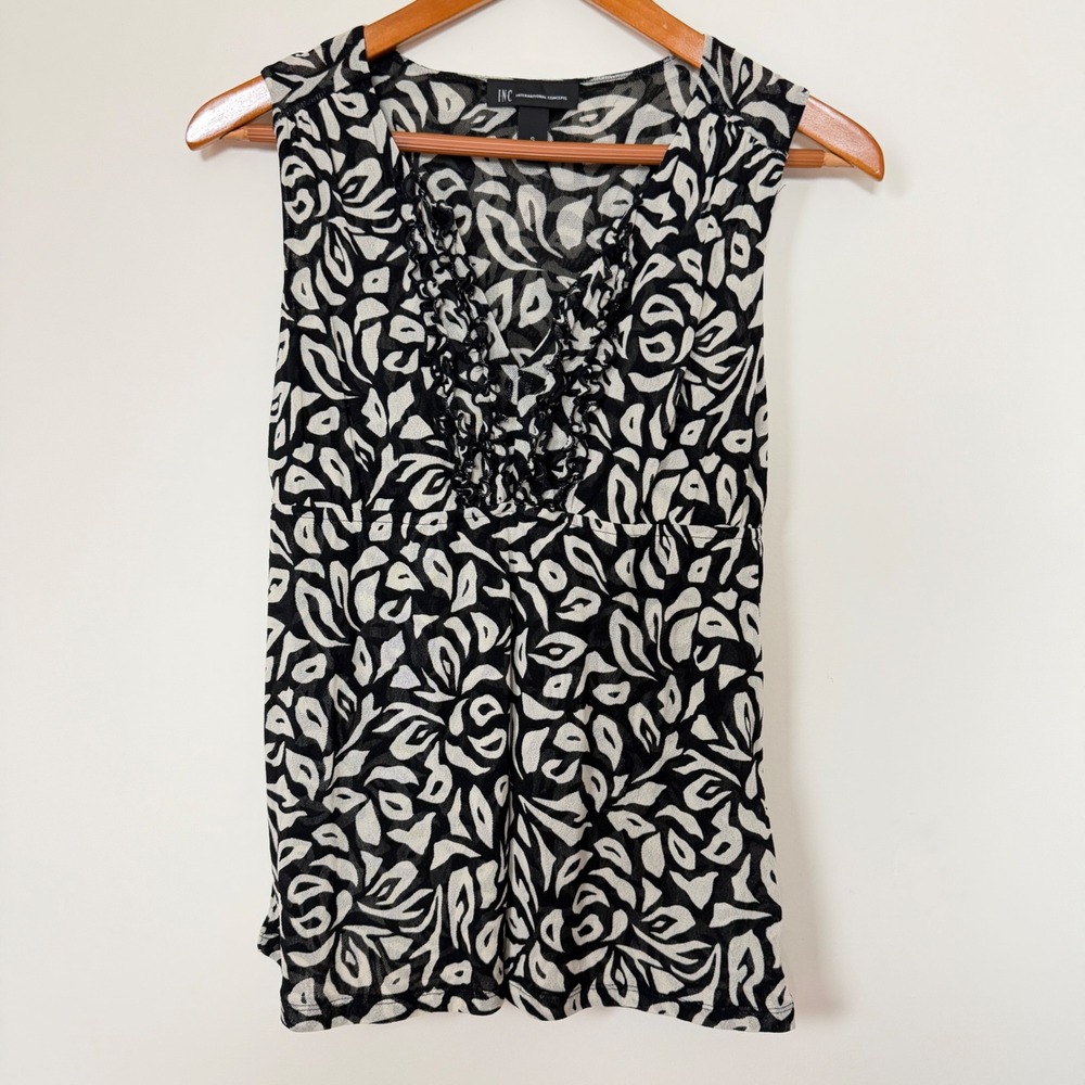 INC International Concepts Mesh Top Womens‎ Small Black White Ruffle V-Neck